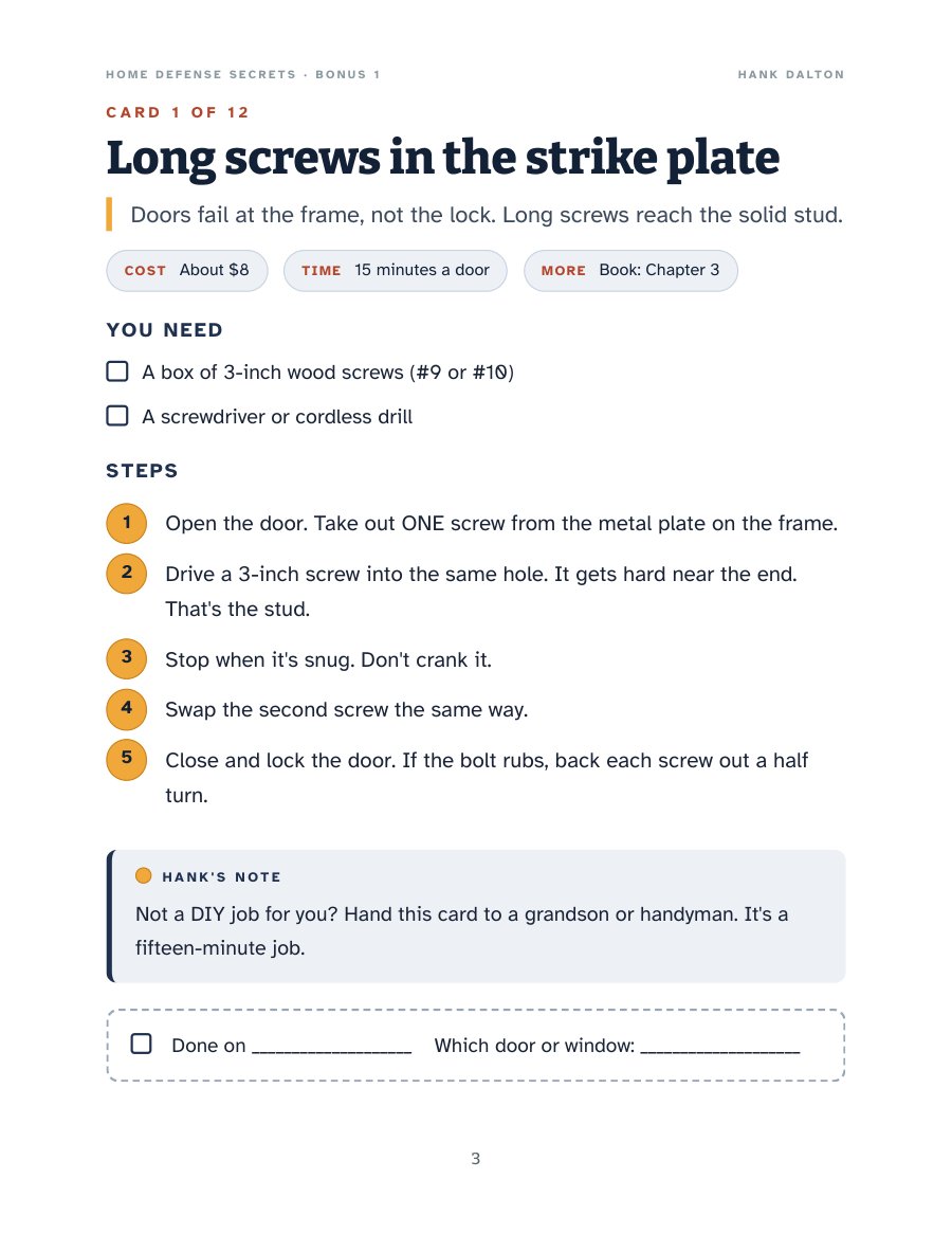 Weekend Fix Card 1: long screws in the strike plate, with cost, time, tools and steps